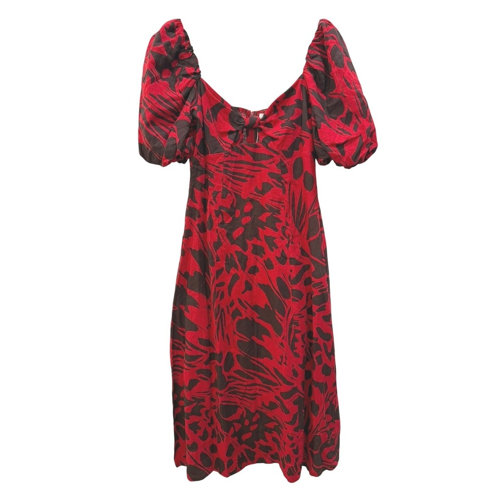 EVERY‎ Red Abstract Tropical Print Linen Blend Puff Sleeve Midi Dress Small NEW